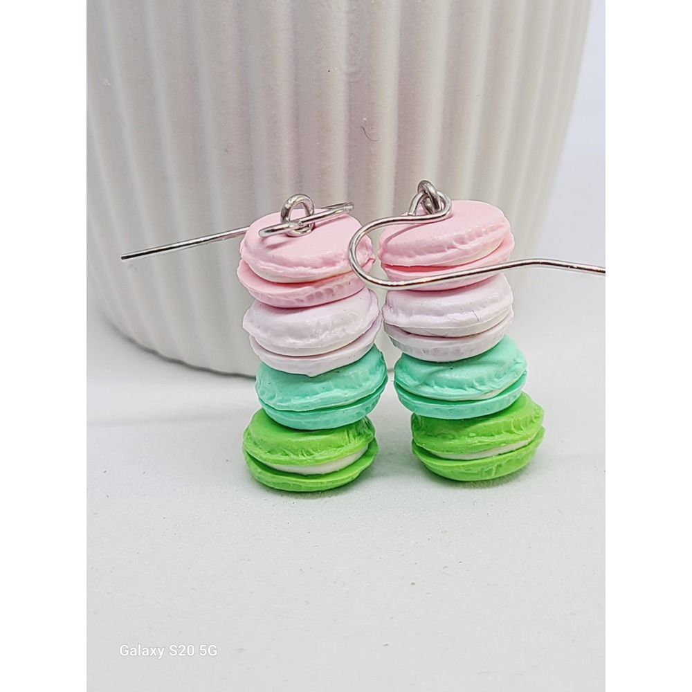 Macaron‎ Stack Dangle Earrings Pastel Pink Green Food Jewelry Miniature Dessert